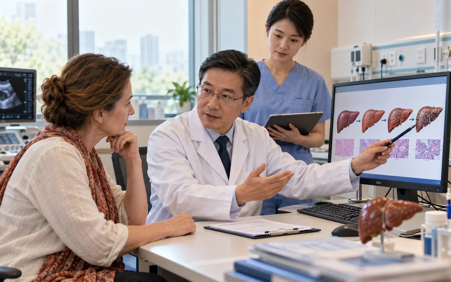 Chinese hepatologist explaining chronic liver disease stages to an international patient