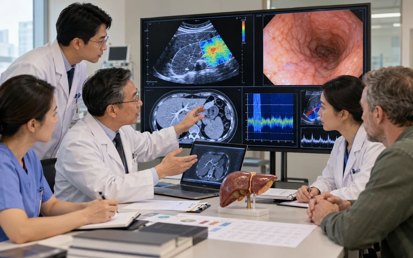 Chinese liver multidisciplinary team reviewing elastography ultrasound blood tests and portal hypertension findings