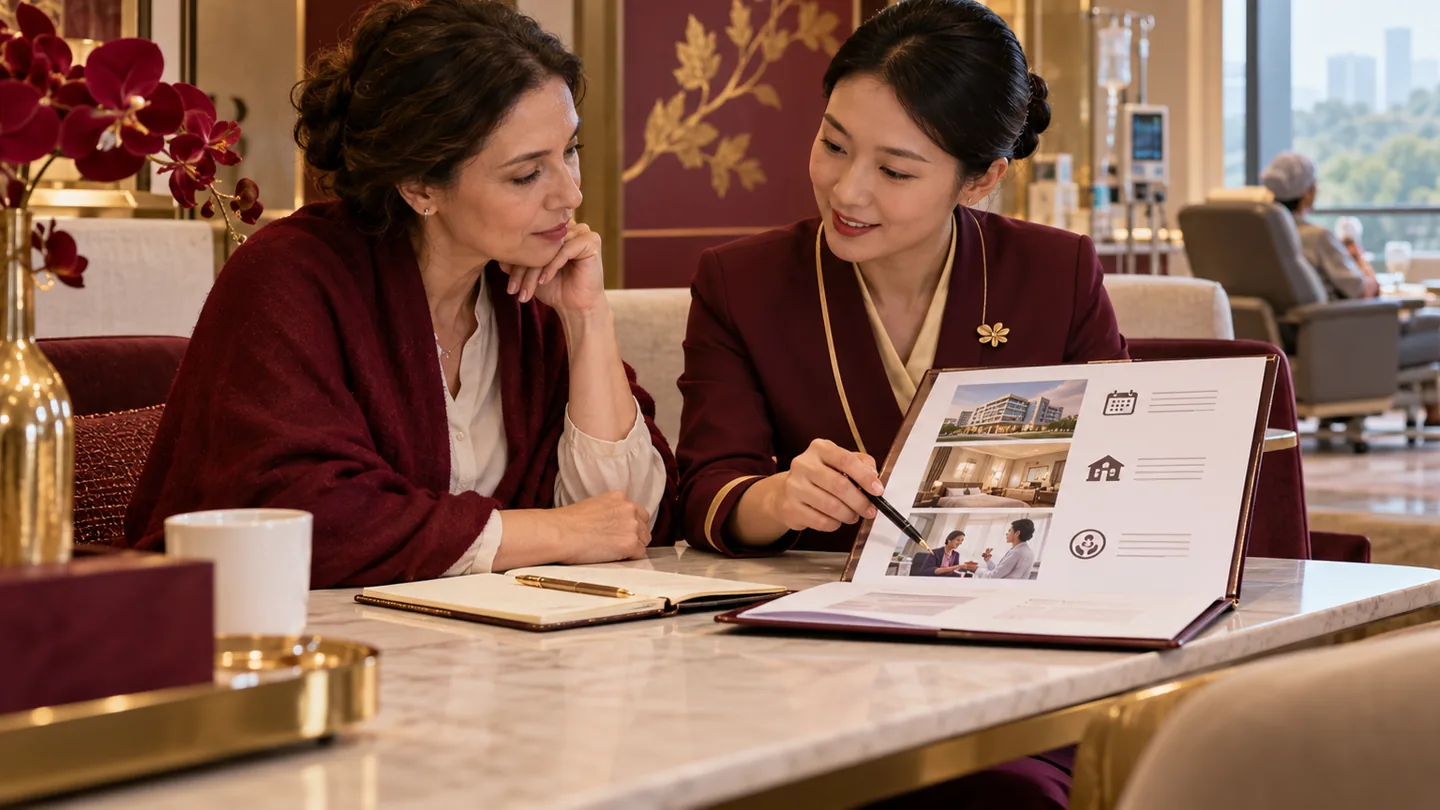 Chinese patient and trial coordinator reviewing visit schedule and follow-up responsibilities
