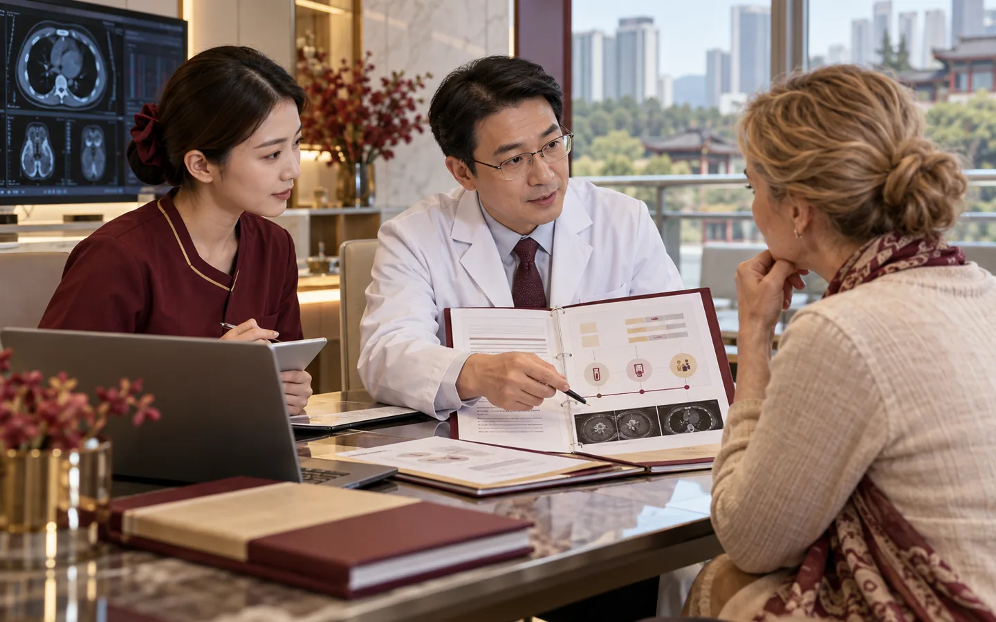 Chinese clinical research oncologist explaining a trial protocol to an international patient