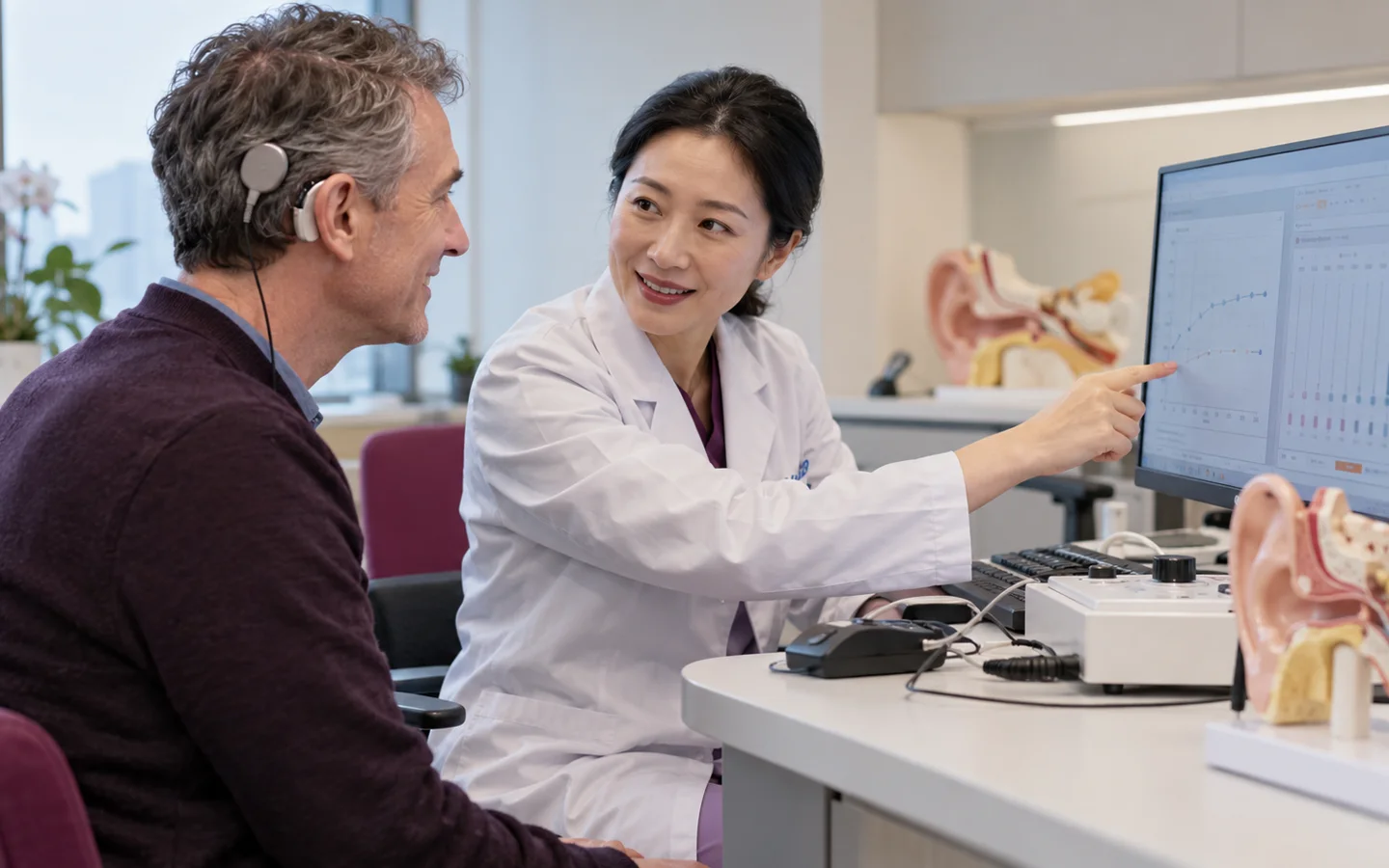 Fully clothed international patient completing cochlear implant activation mapping and listening rehabilitation with a Chinese ENT clinician