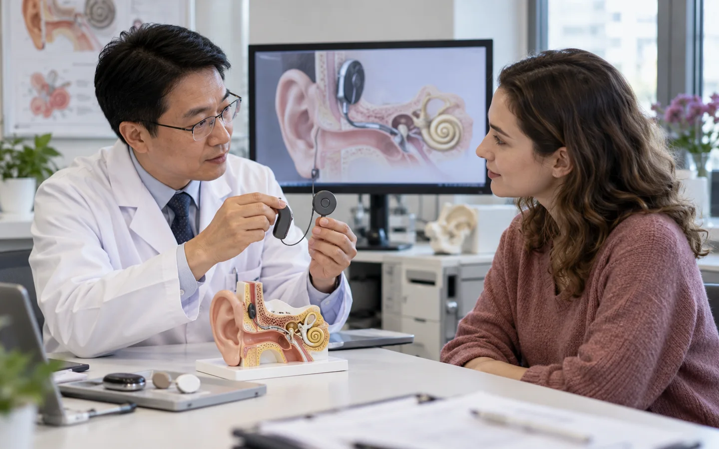 Chinese ENT specialist explaining cochlear implant components and the hearing rehabilitation pathway to a fully clothed international patient