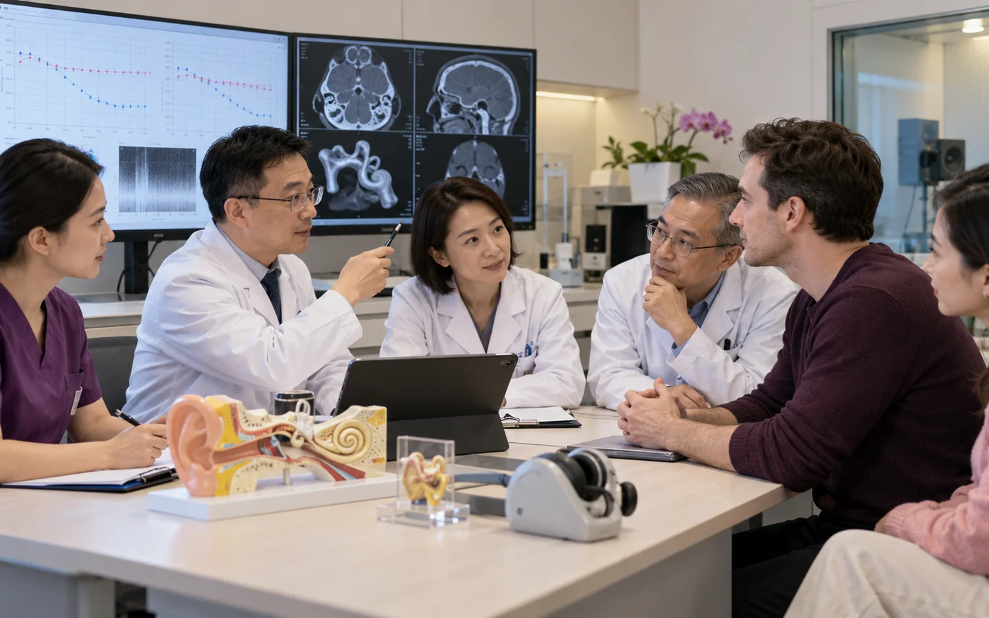 Chinese multidisciplinary ENT team reviewing audiograms speech testing temporal-bone imaging device selection and hearing-preservation goals