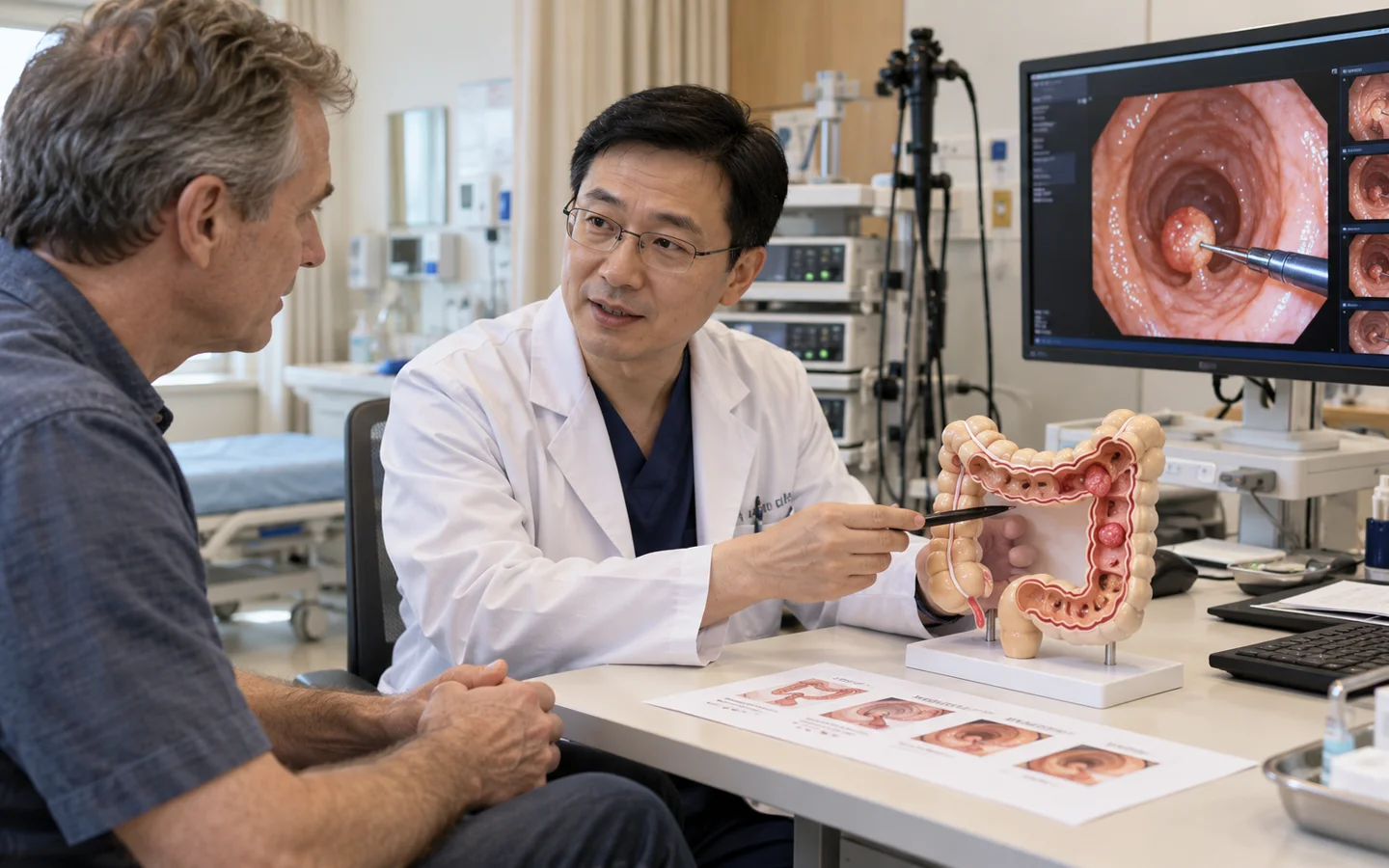 Chinese gastroenterologist explaining colonoscopy preparation and polyp removal to an international patient
