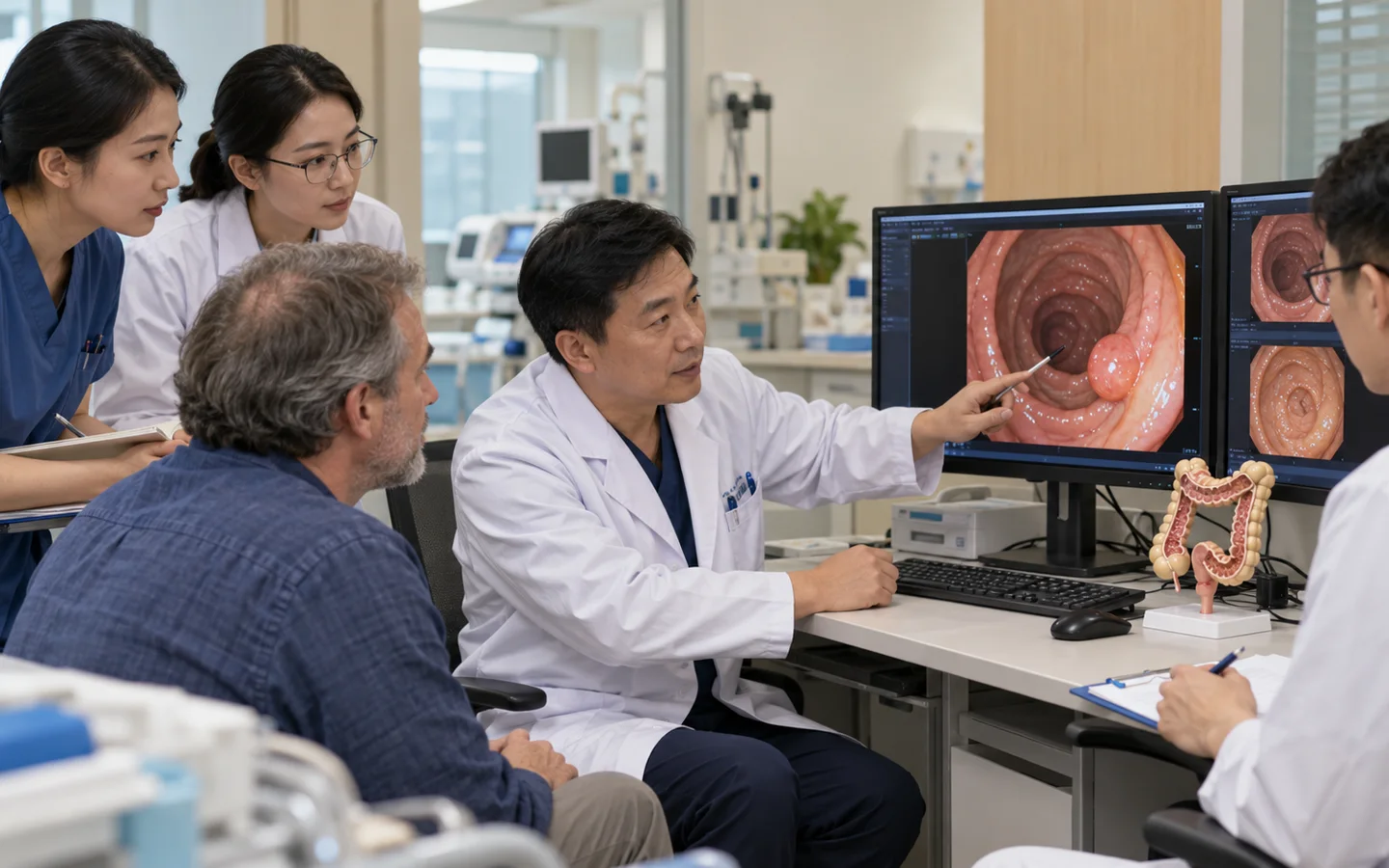 Chinese endoscopy team reviewing bowel preparation quality colon images and a polypectomy plan
