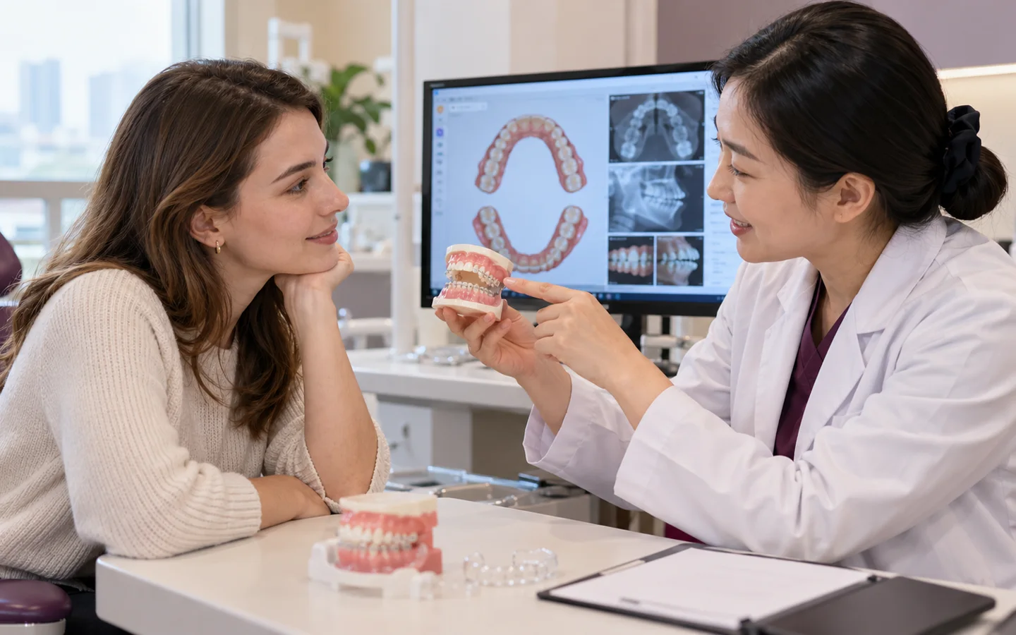 Fully clothed international patient completing tooth movement gum health root monitoring and retainer review with a Chinese dental clinician