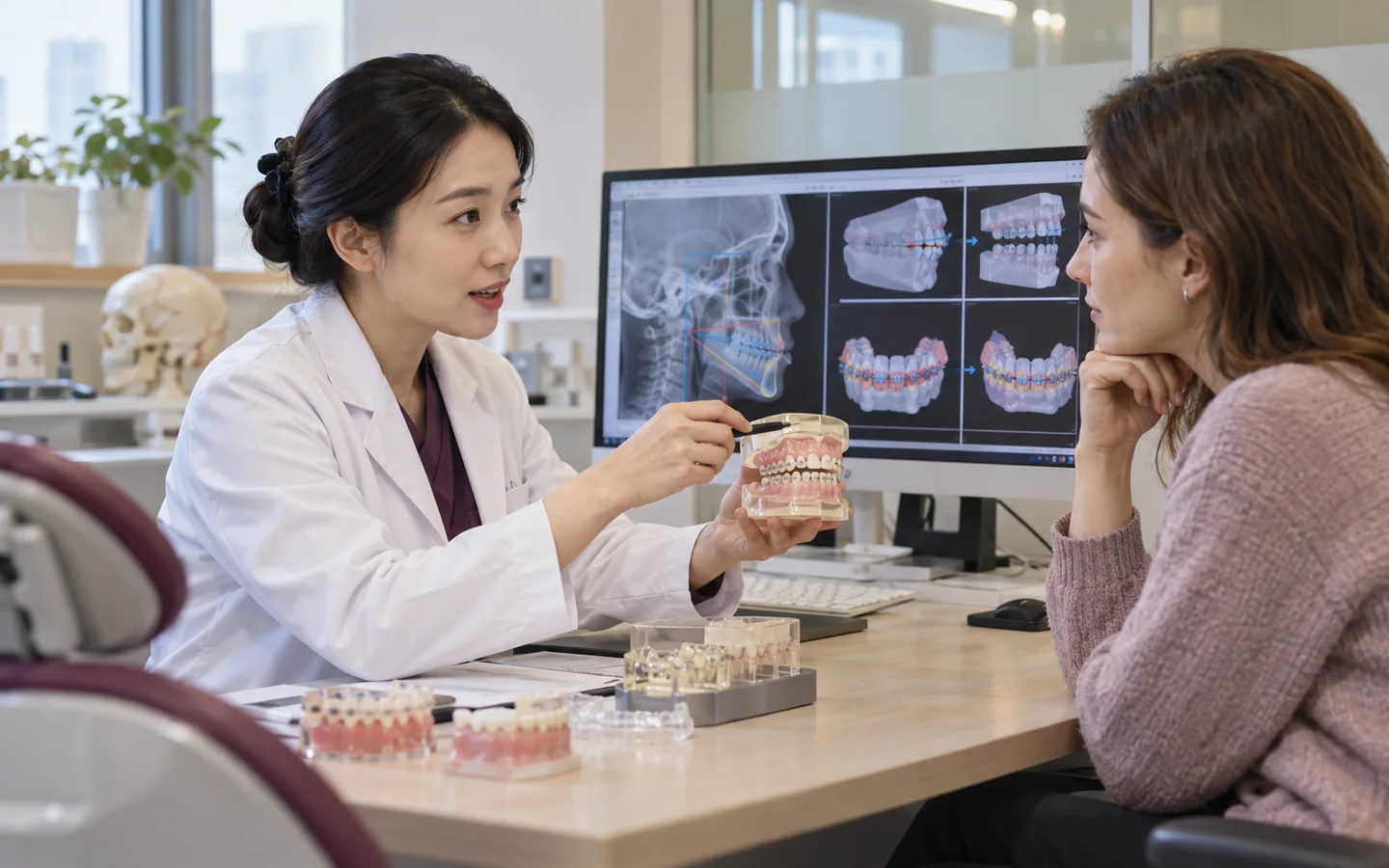 Chinese dental specialist explaining complex tooth movement skeletal limits and staged orthodontic planning to a fully clothed international patient