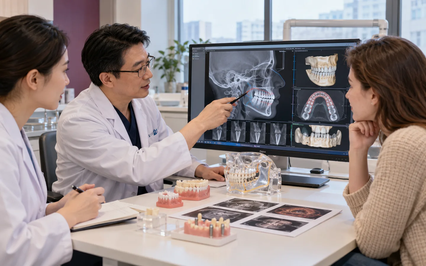 Chinese dental team reviewing cephalometric analysis digital models roots bone gum and surgical-restorative sequence
