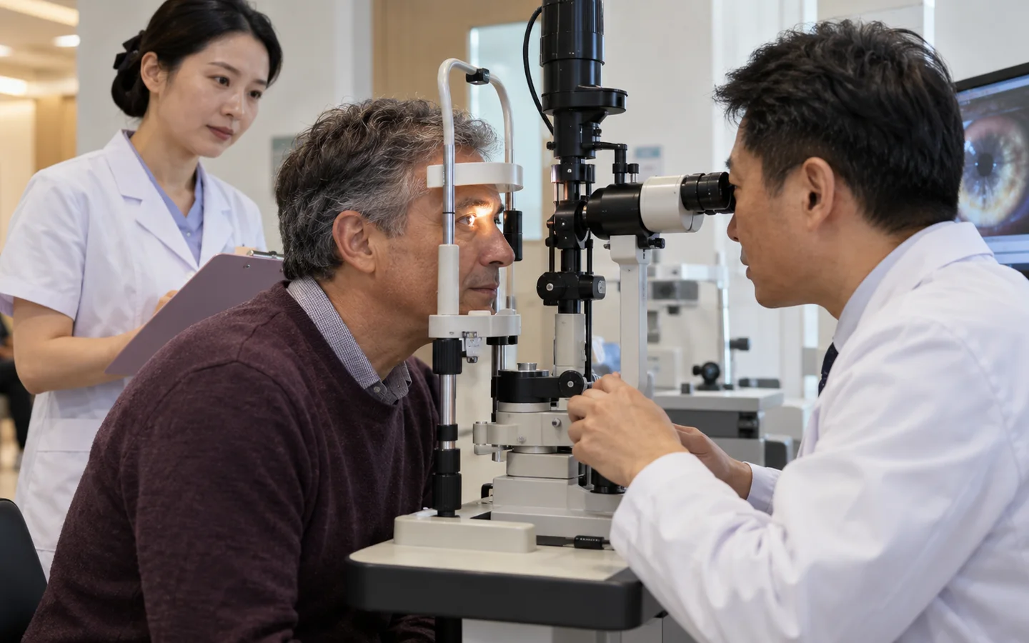 International adult patient receiving slit lamp graft and eye pressure follow up after corneal transplant