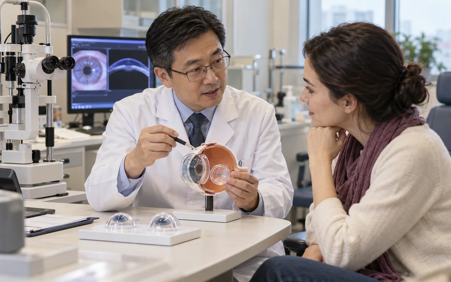 Chinese corneal surgeon explaining full and partial thickness transplant choices to an international adult patient using an eye model