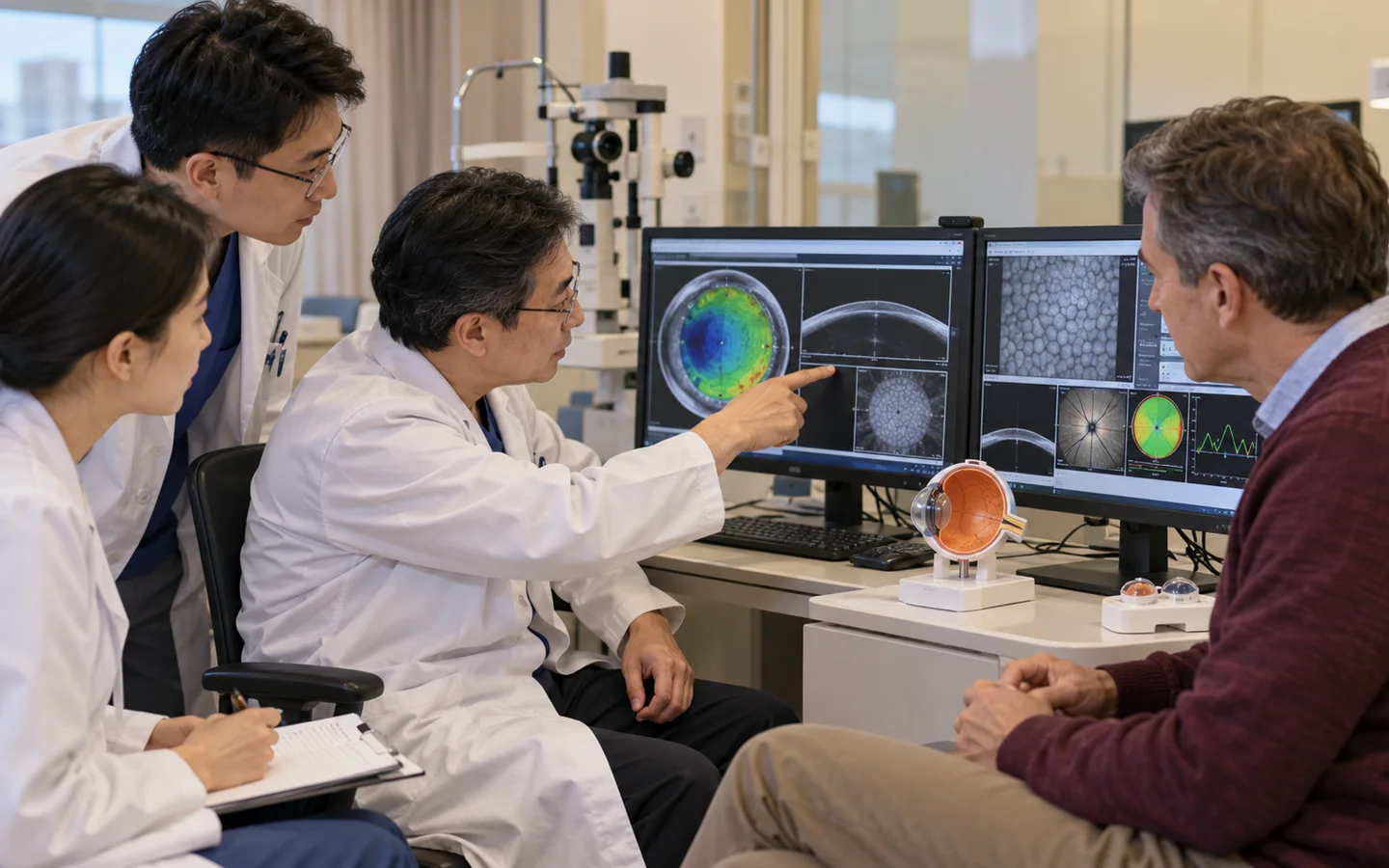 Chinese cornea team reviewing tomography endothelial images donor tissue plan and glaucoma status