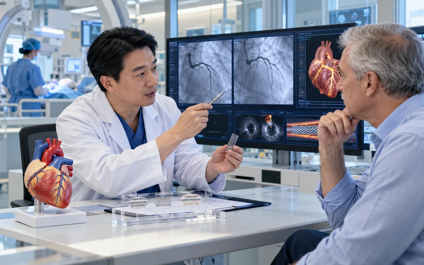 Chinese interventional cardiologist explaining coronary angiography and stent options to an international patient
