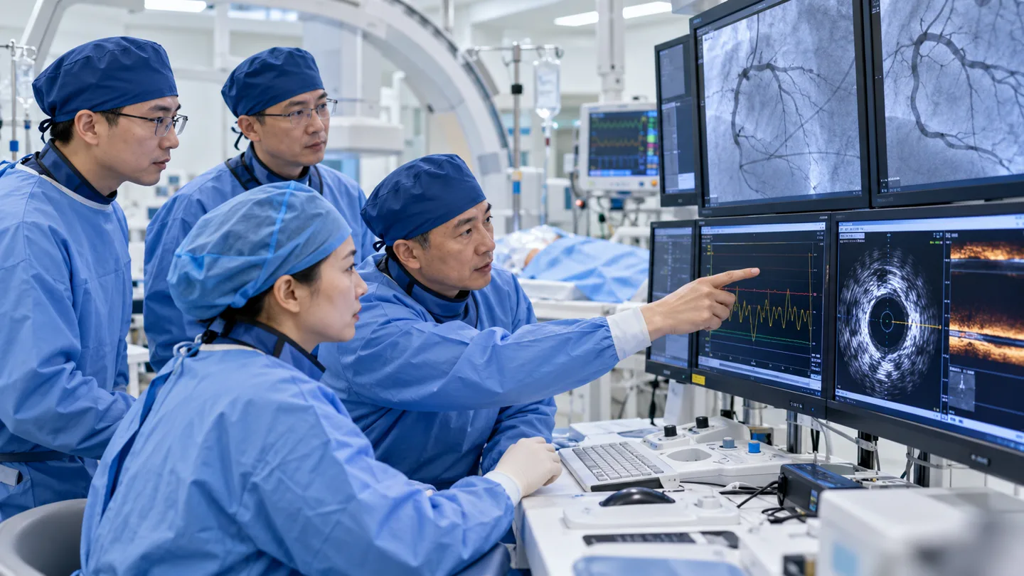 Chinese catheter laboratory team reviewing coronary angiography and intravascular imaging