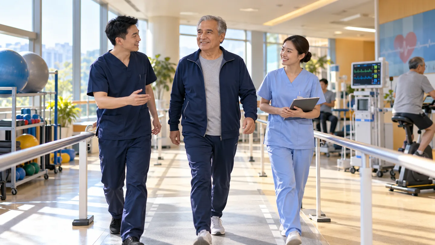 International patient completing supervised walking and breathing exercises after cardiac bypass surgery