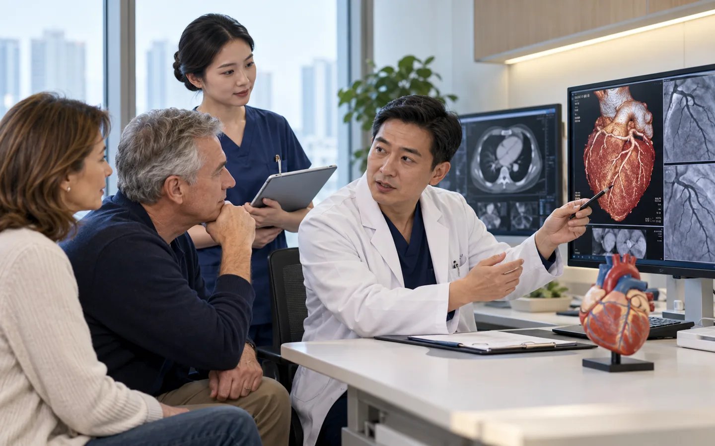Chinese cardiac surgeon discussing coronary bypass planning with an international patient and family