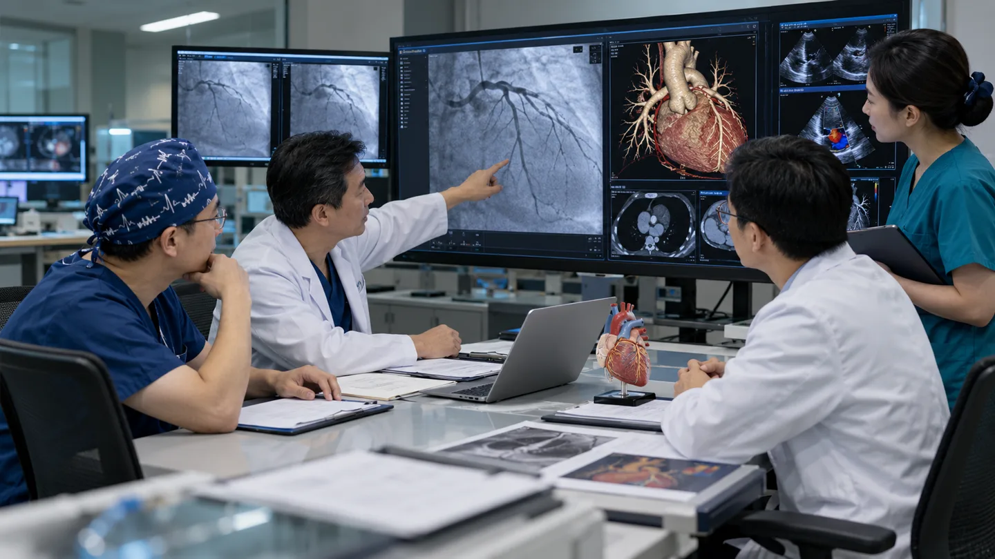 Chinese cardiac multidisciplinary team reviewing coronary angiography before bypass surgery