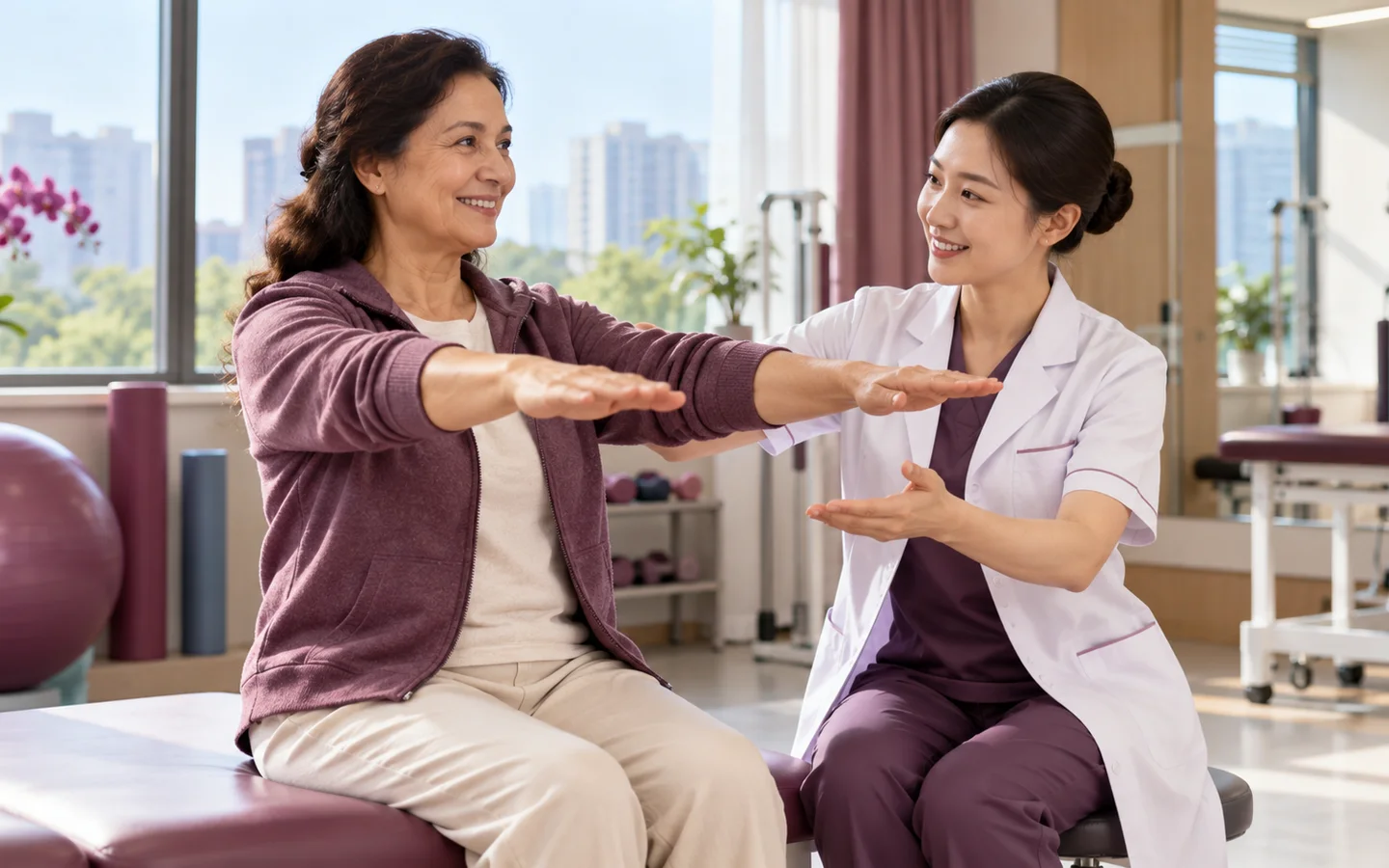 Fully clothed international patient completing facial function growth scar bite and sensory rehabilitation follow up with a Chinese rehabilitation clinician