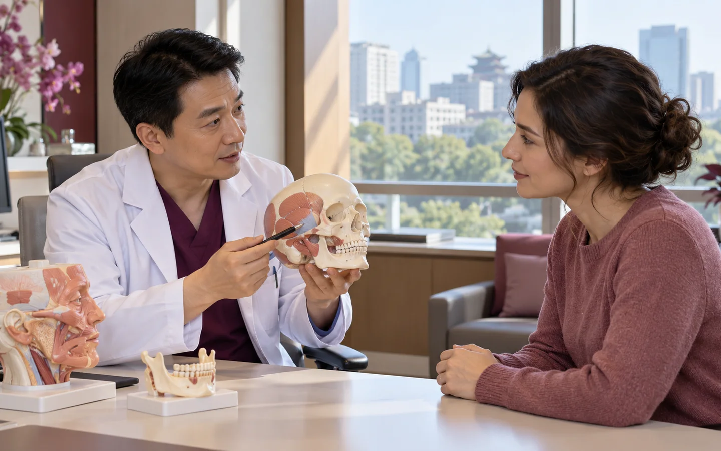 Chinese plastic and reconstructive surgeon explaining craniofacial skeletal and soft-tissue reconstruction using a 3D head model to a fully clothed international patient