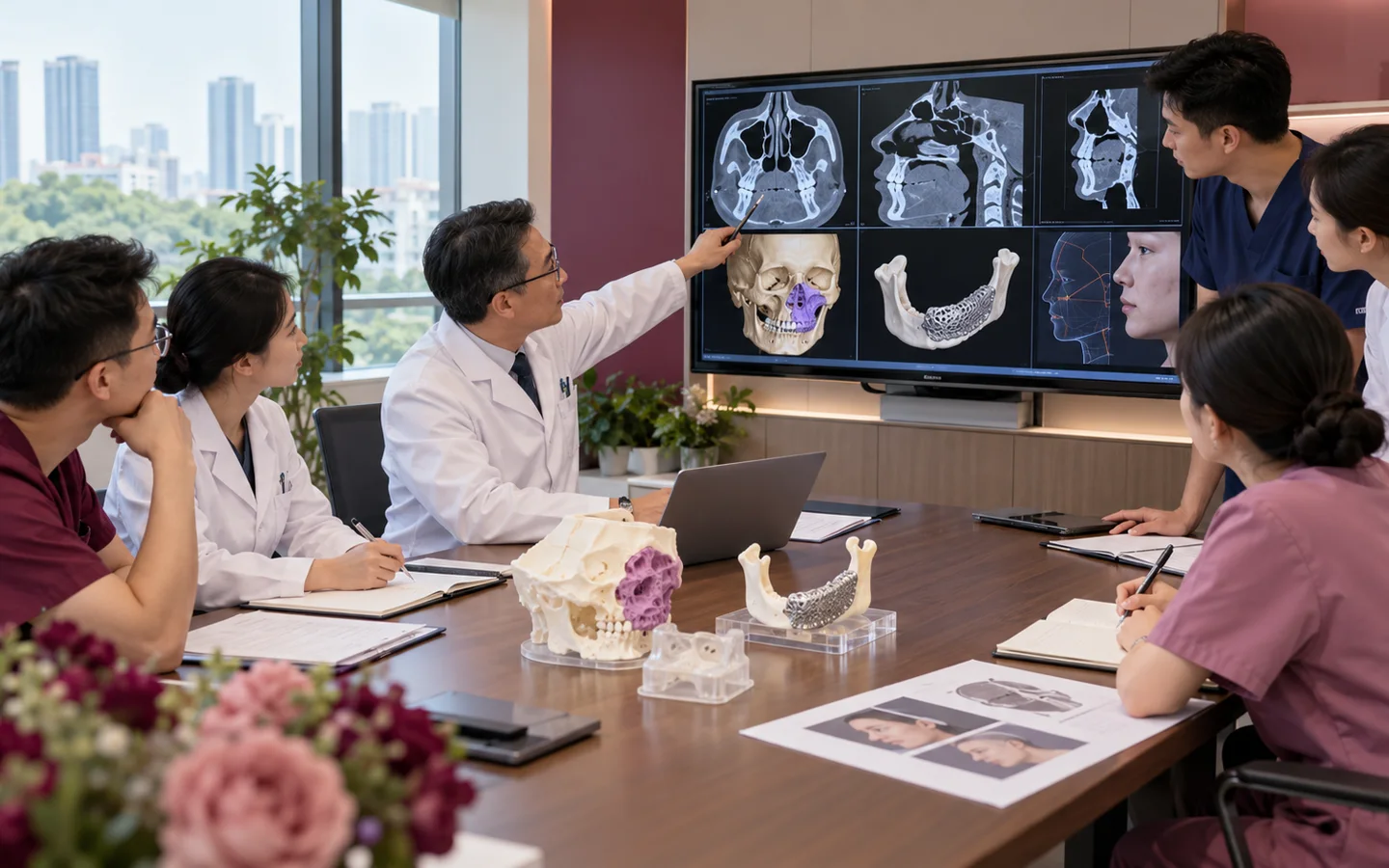 Chinese reconstructive team reviewing 3D CT growth airway vision hearing bite and staged reconstruction timeline