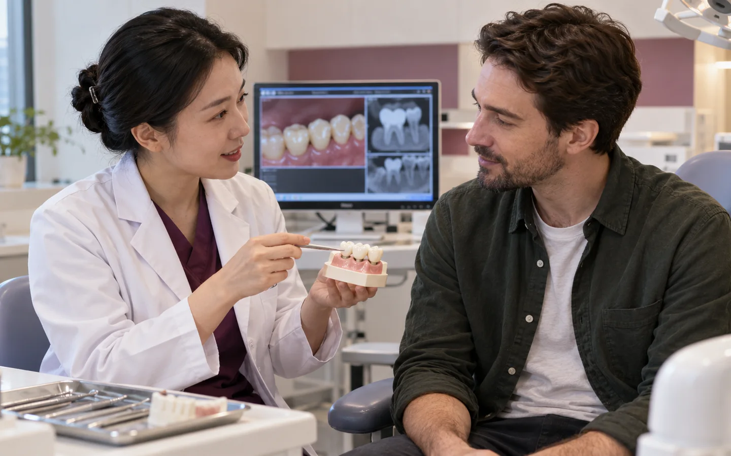 Fully clothed international patient completing crown margins bridge cleaning bite and sensitivity review with a Chinese dental clinician