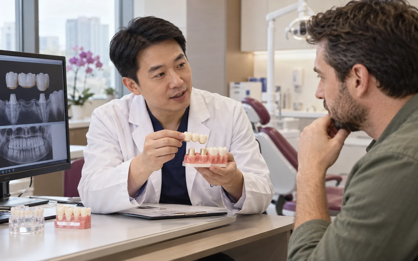 Chinese dental specialist explaining crown and bridge support principles using tooth models to a fully clothed international patient