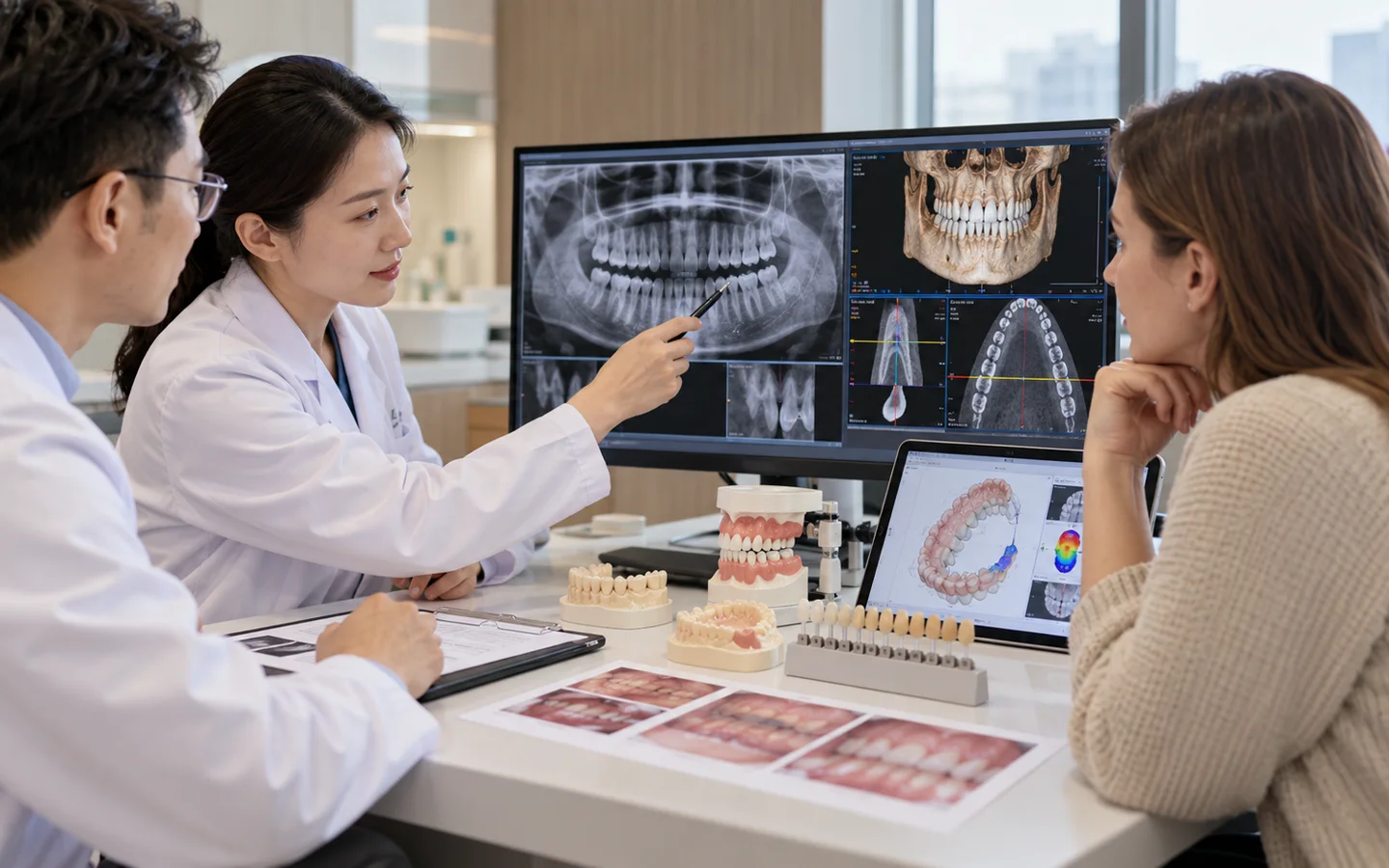 Chinese dental team reviewing radiographs tooth structure gum margins bite forces shade and conservative alternatives