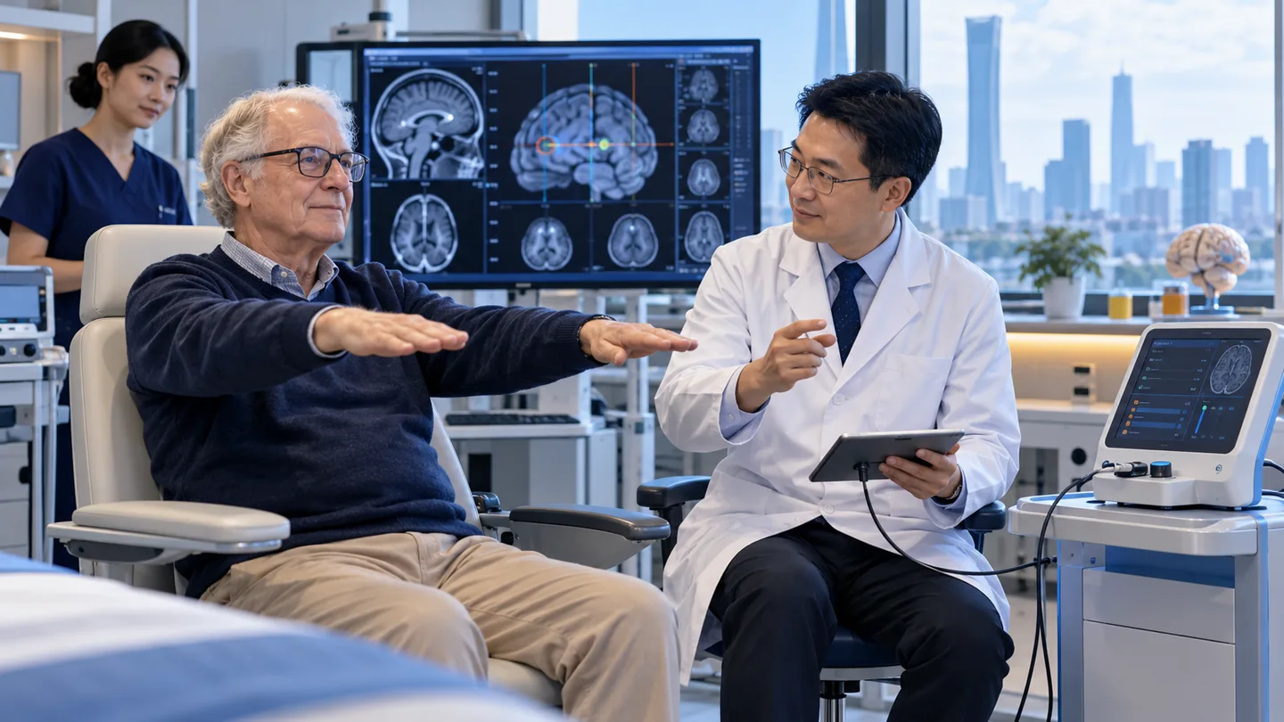 International patient receiving DBS programming and movement assessment after implantation