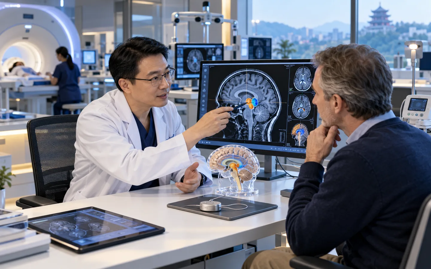 Chinese movement disorder neurologist and neurosurgeon explaining DBS targets to an international patient