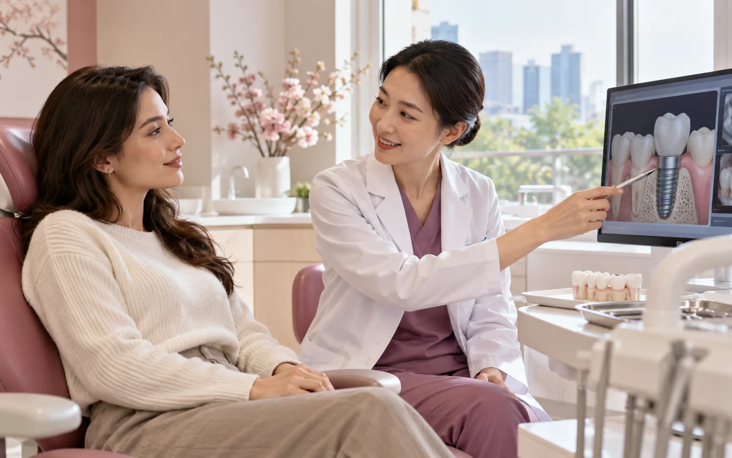 Fully clothed international patient completing implant crown bite gum health and hygiene maintenance review with a Chinese dental clinician