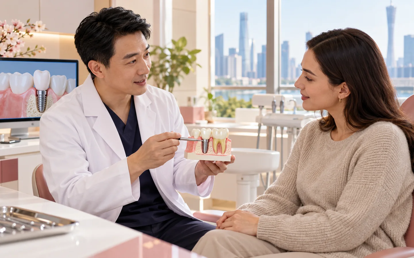 Chinese dental specialist explaining implant crown bone and gum planning using a jaw model to a fully clothed international patient