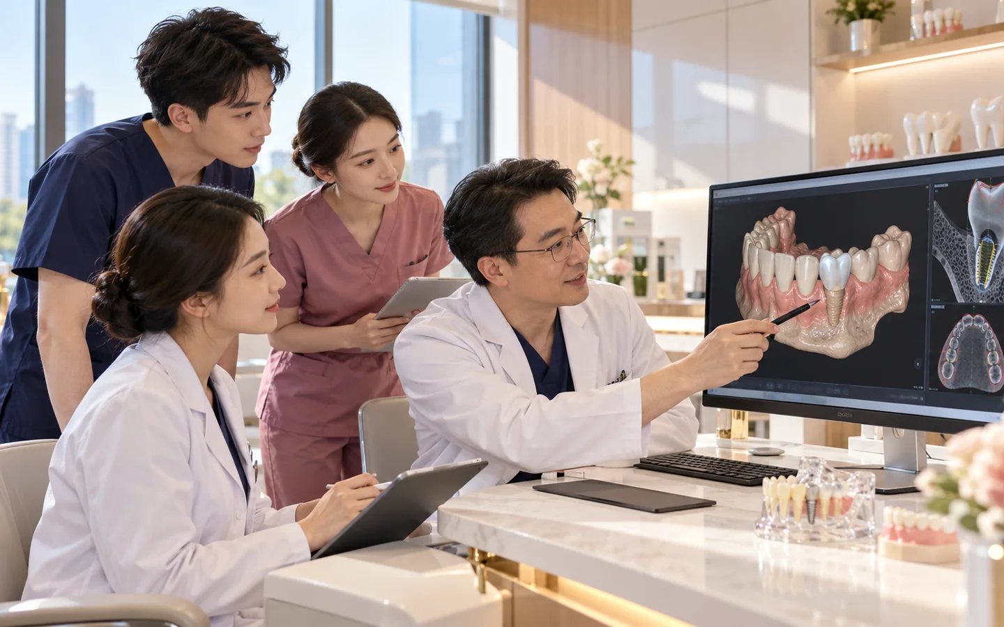 Chinese dental team reviewing cone-beam CT digital bite scan prosthetic tooth position bone and nerve anatomy