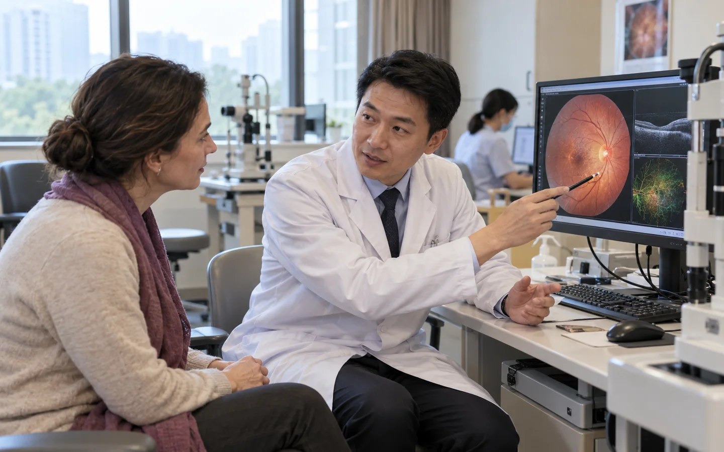 Chinese retina specialist explaining diabetic retinopathy treatment choices to an international adult patient using retinal images