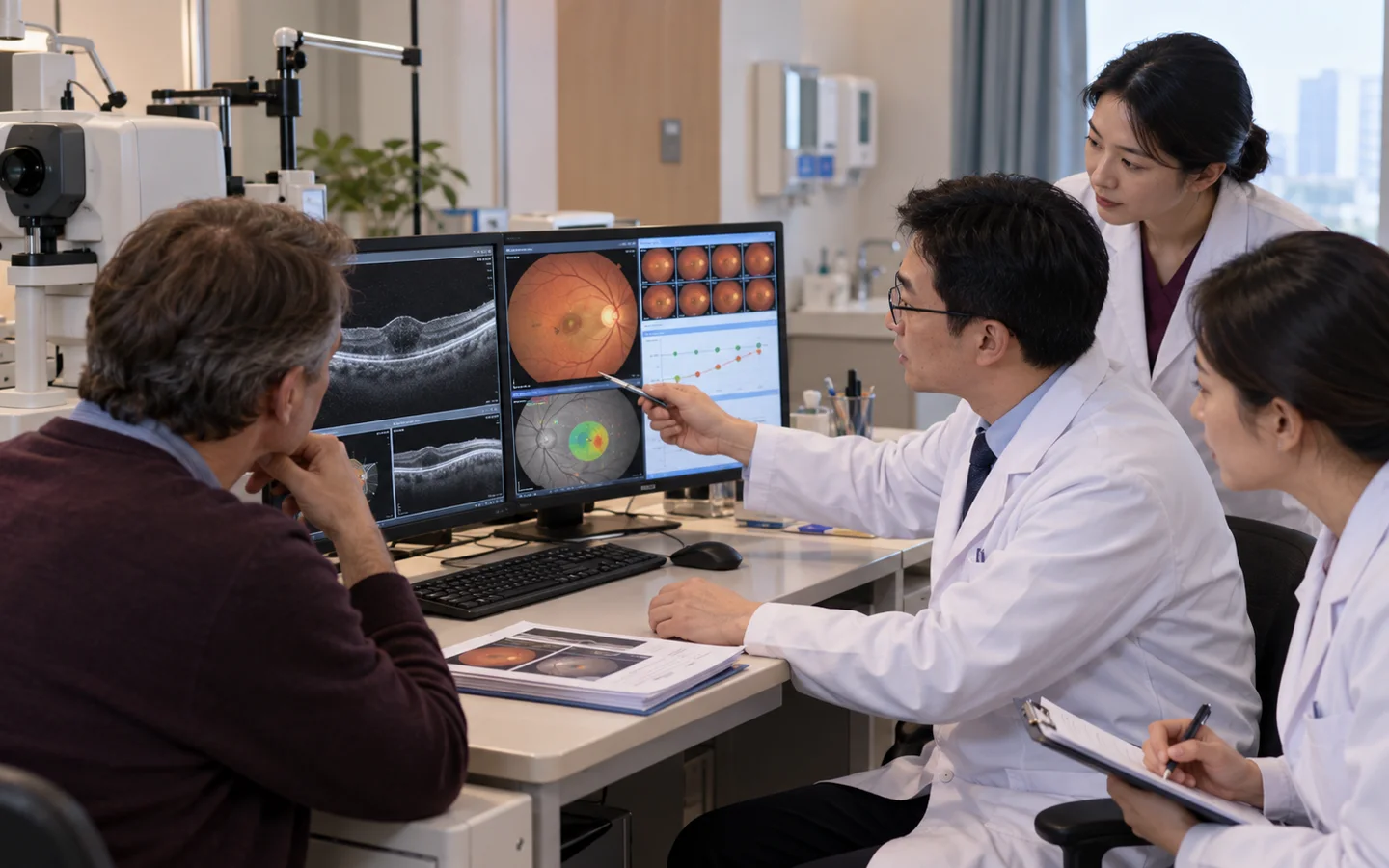 Chinese retina team reviewing OCT fundus photographs injection history and laser map