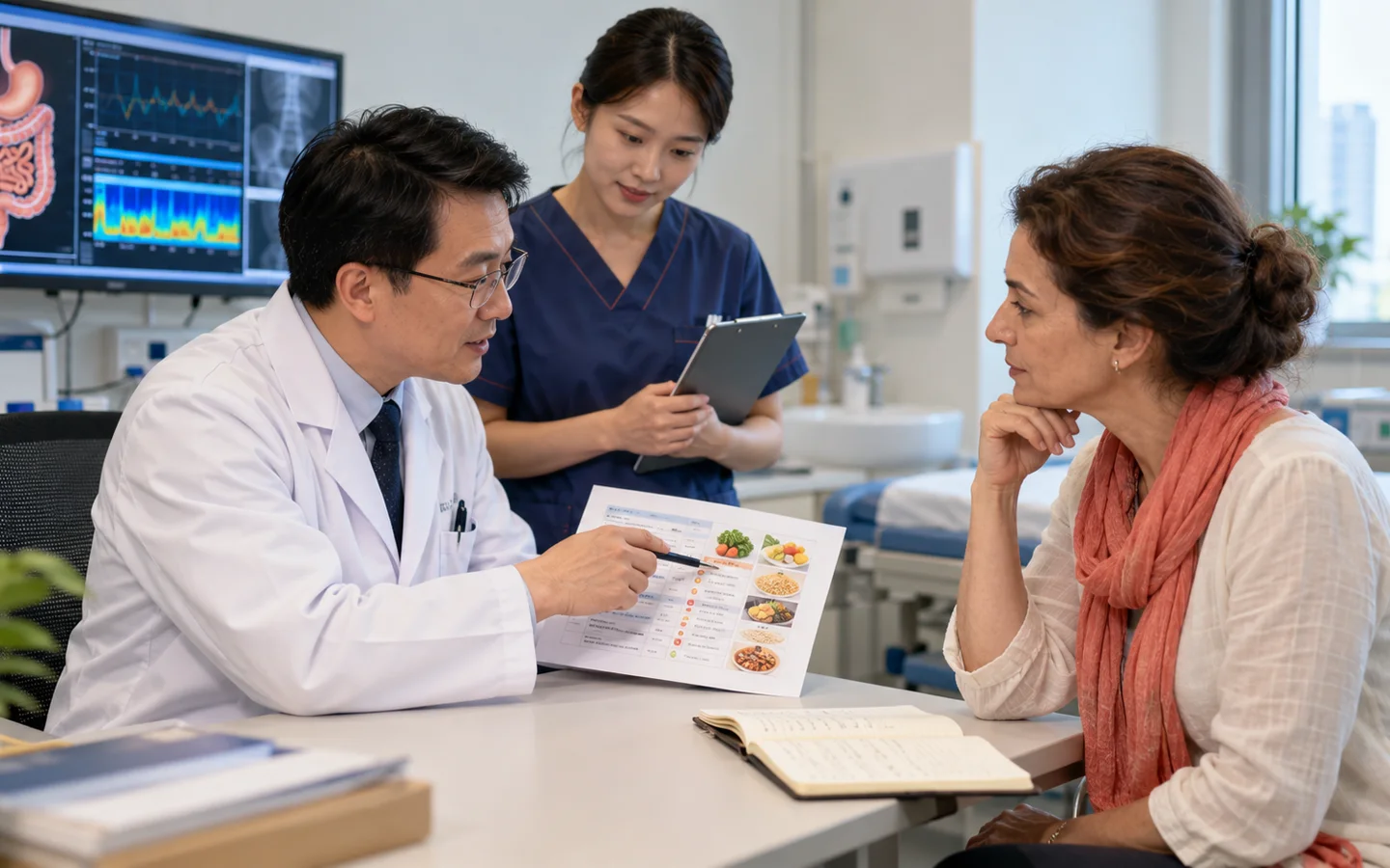International patient discussing a symptom diary diet and treatment plan after motility testing