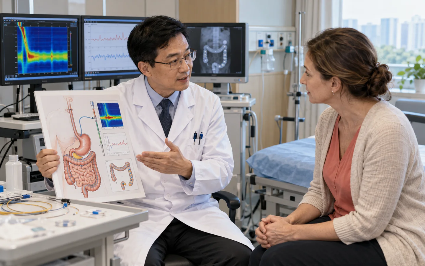 Chinese gastrointestinal physiologist explaining manometry pH and transit testing to an international patient