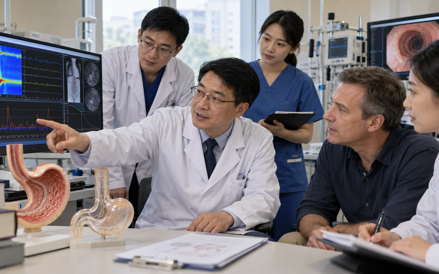 Chinese motility laboratory team reviewing pressure curves reflux events and gastric emptying data