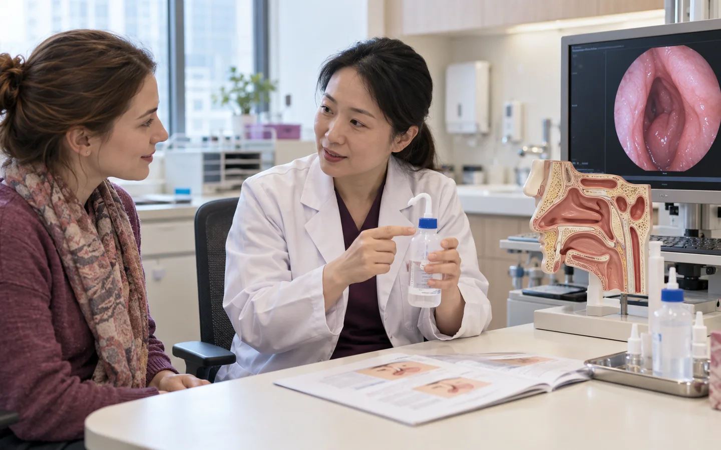 Fully clothed international patient completing nasal endoscopy saline irrigation teaching and smell recovery review with a Chinese ENT clinician