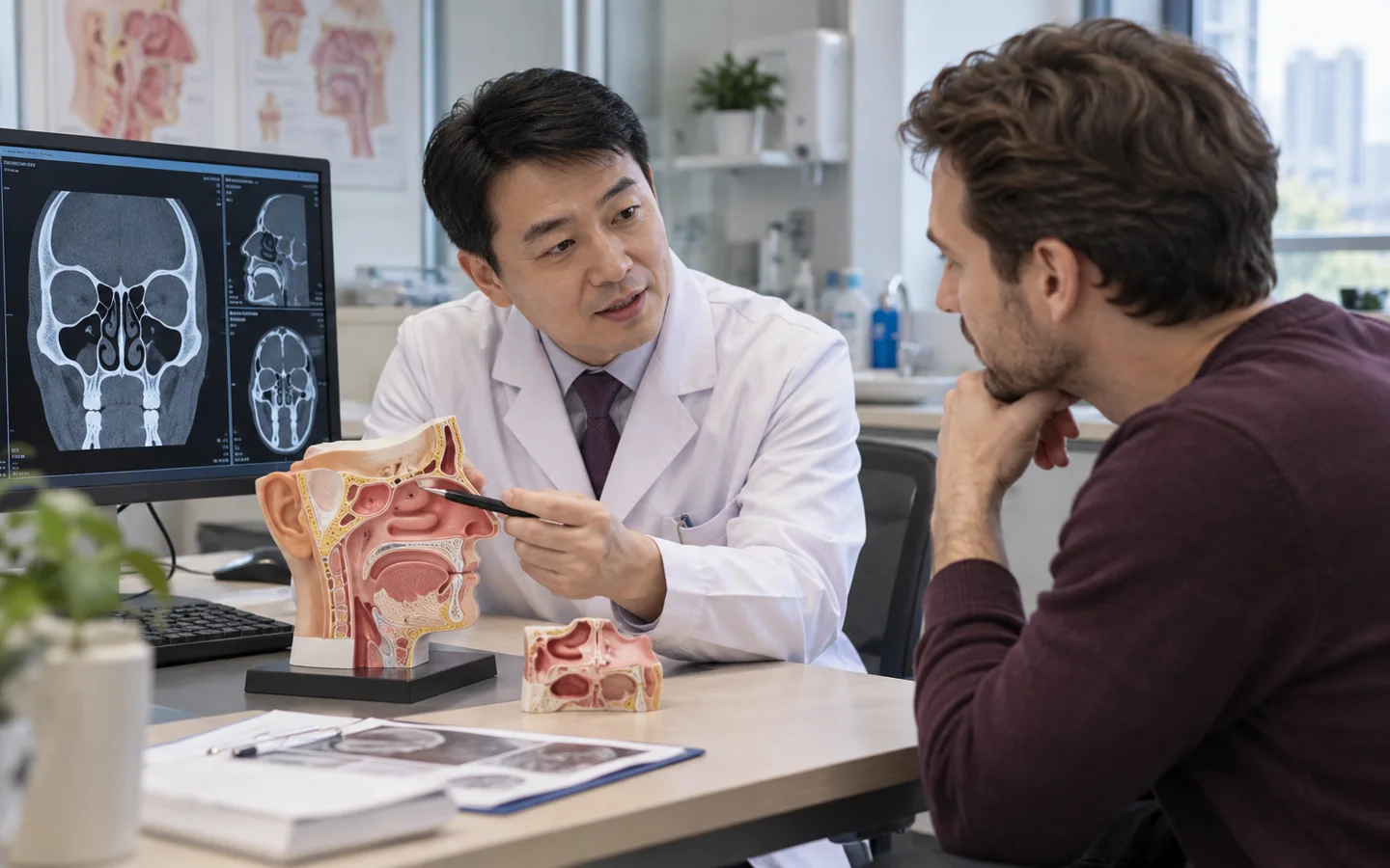 Chinese ENT specialist explaining endoscopic sinus surgery goals using a sinus model and CT to a fully clothed international patient
