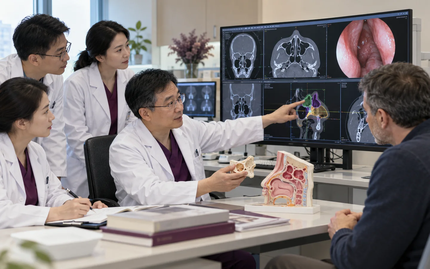 Chinese multidisciplinary ENT team reviewing sinus CT nasal endoscopy disease map medication history and navigation planning