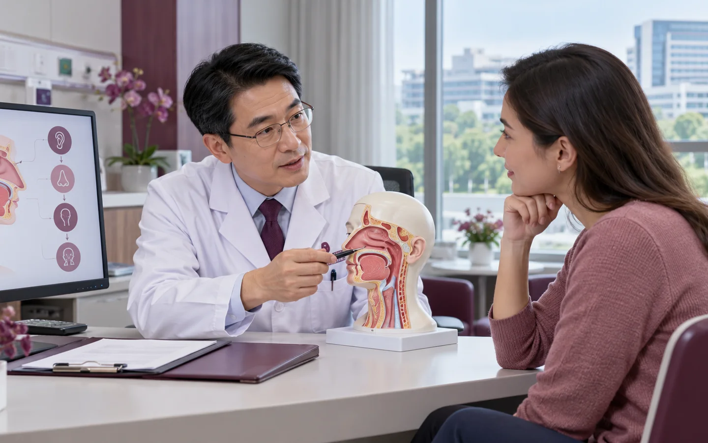 Chinese ENT specialist explaining endoscopic skull-base approach and team planning using a head model to a fully clothed international patient