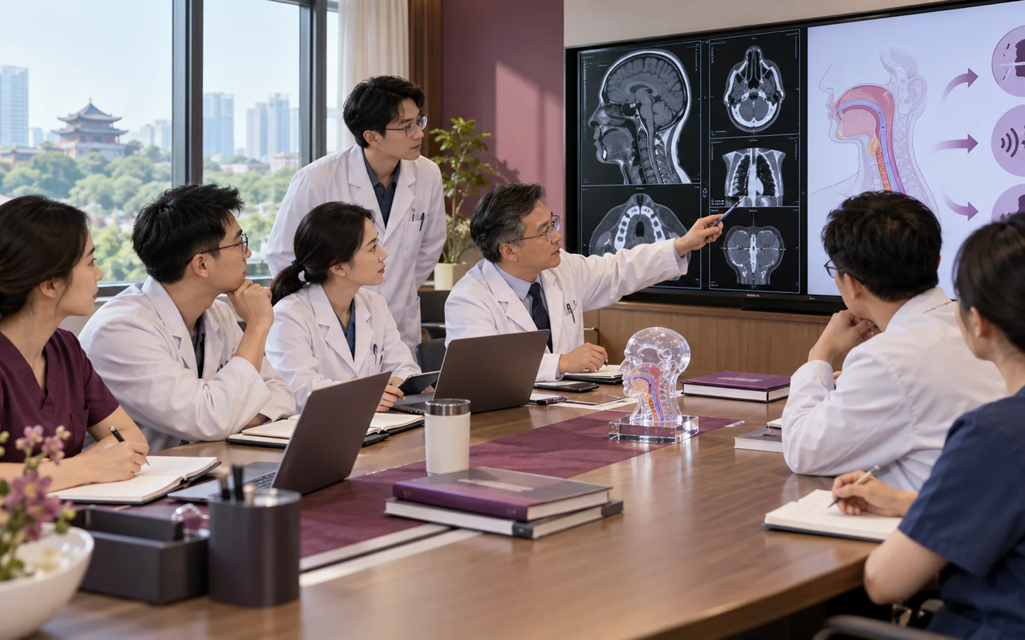 Chinese multidisciplinary ENT team reviewing fused MRI CT vascular optic nerve and closure-reconstruction planning