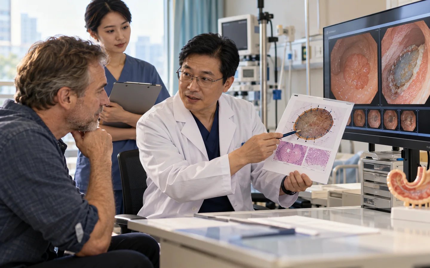 Chinese advanced endoscopist explaining ESD and pathology margins to an international patient