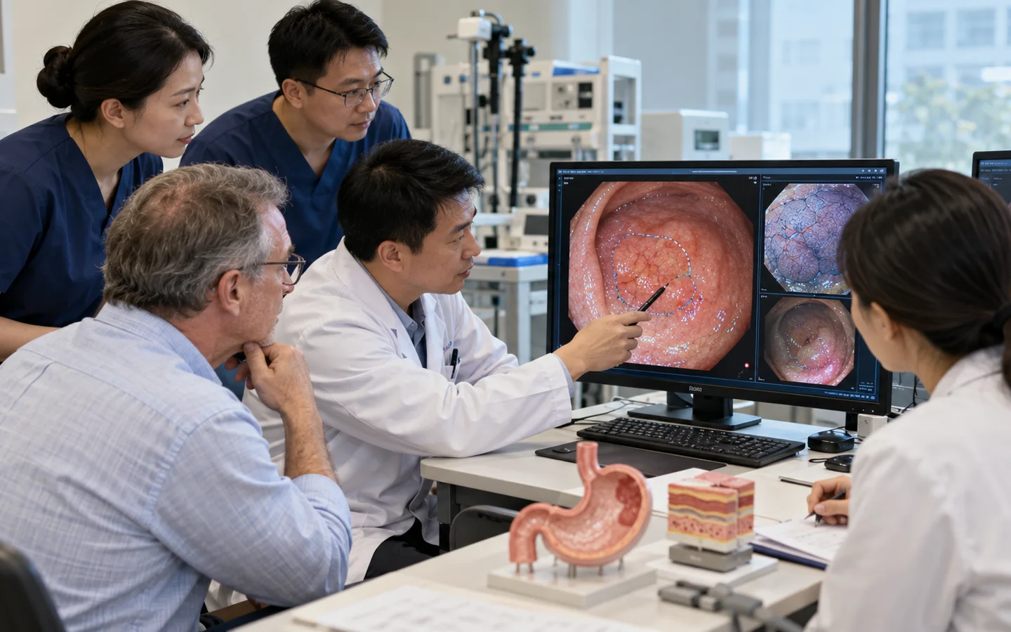Chinese ESD team reviewing magnified endoscopy lesion boundaries and submucosal dissection plan
