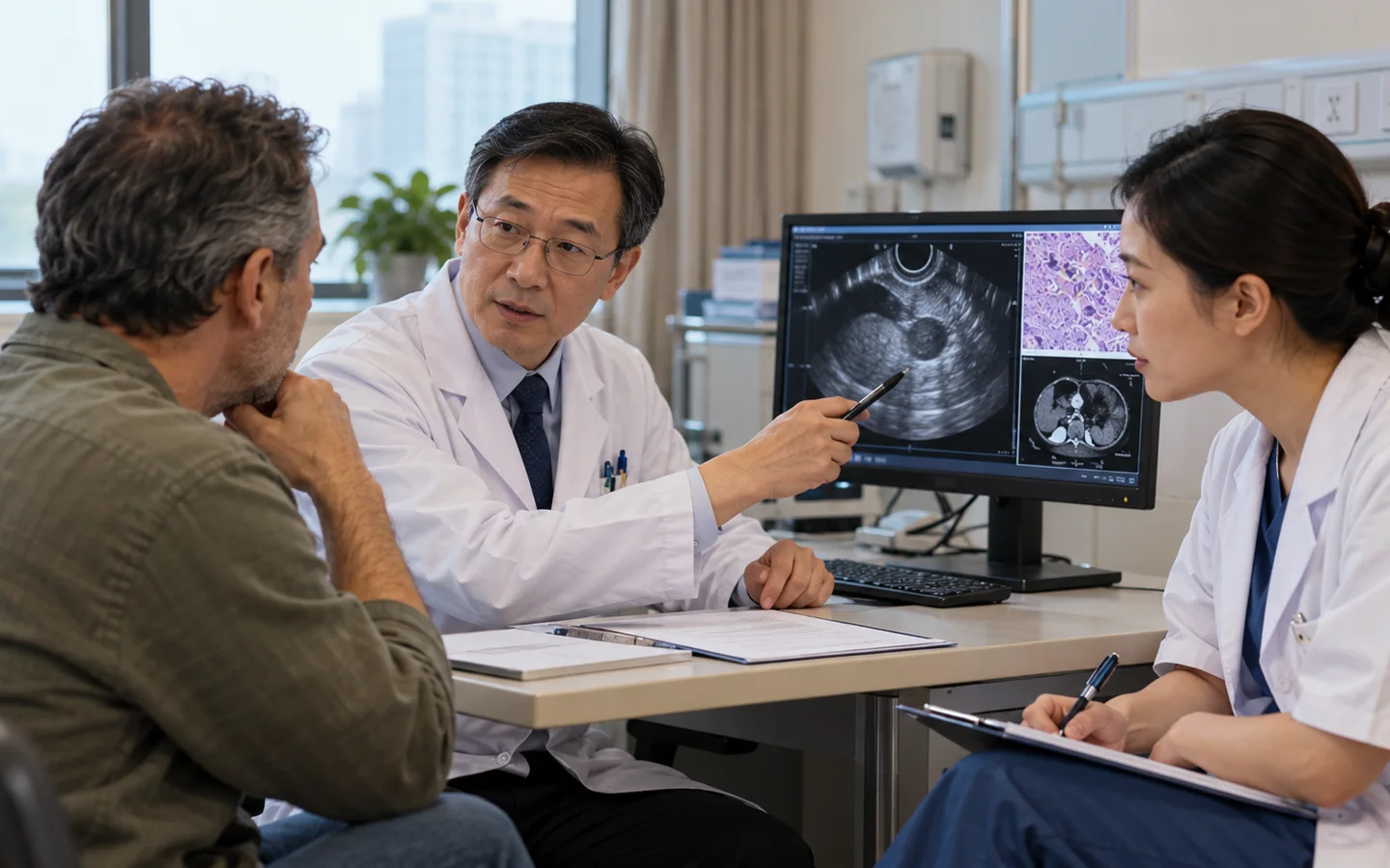 International patient discussing pathology and next treatment steps after endoscopic ultrasound