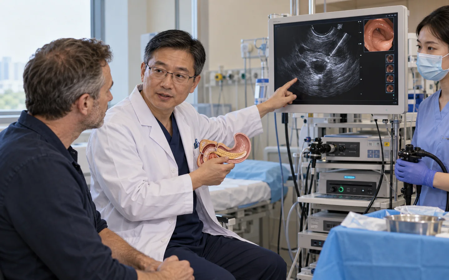 Chinese endosonography specialist explaining EUS and needle sampling to an international patient