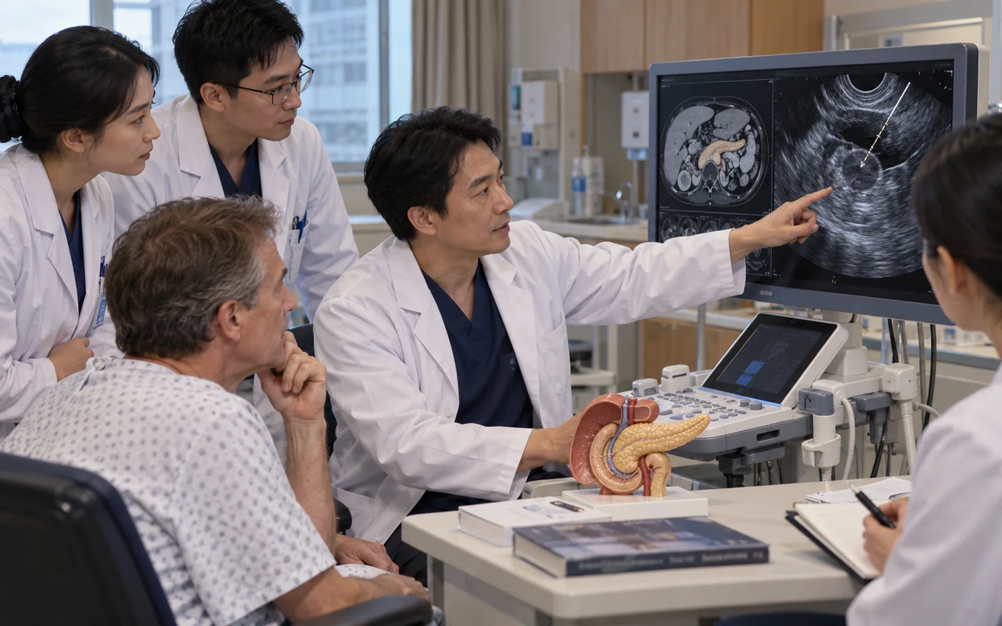 Chinese EUS team reviewing pancreatic MRI ultrasound layers and a safe biopsy route