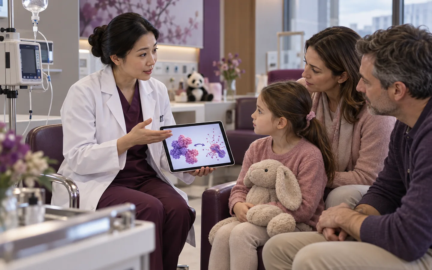 Chinese metabolic physician explaining enzyme replacement therapy to an international family