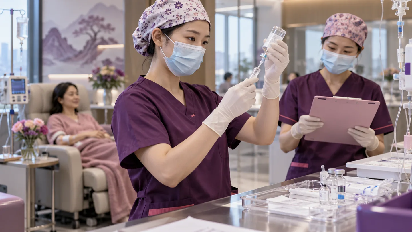 Chinese infusion team preparing disease specific enzyme replacement with safety checks