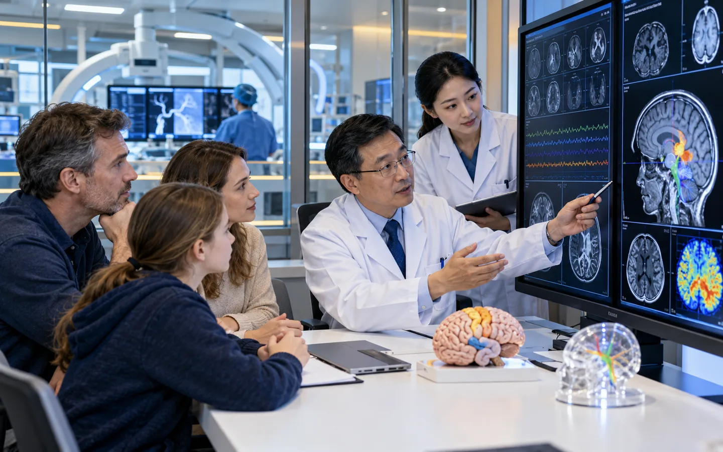 Chinese epilepsy neurosurgeon and neurologist explaining seizure localization to an international family
