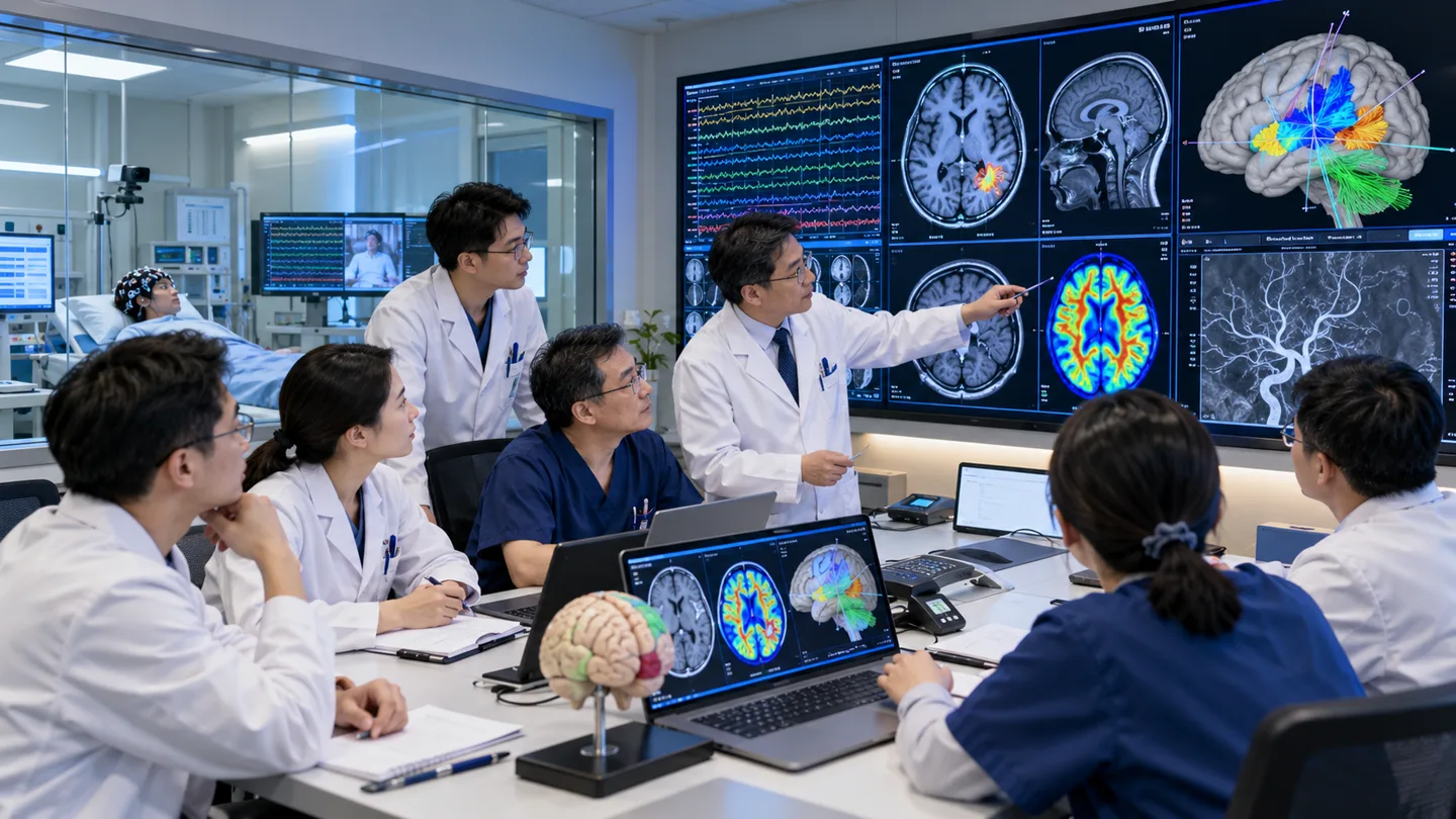 Chinese epilepsy monitoring and surgical team reviewing video EEG MRI PET and brain mapping